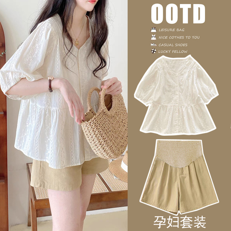 2025 Pregnant Women's New Summer Korean Style Sweet V-Neck Lantern Sleeve Skirt Babydoll Top + Shorts Two-Piece Set