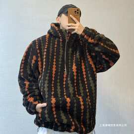 300斤大码男装秋冬复古保暖加绒仿羊羔毛半拉链连帽棉衣厚外套INS