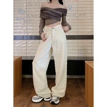 2024新款宽松直筒提花牛仔裤休闲裤女高腰拖地阔腿长裤子