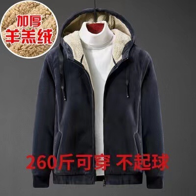 Fleece-Lined and Thickened Men's Autumn and Winter Lamb Wool Cardigan, Silver Fox Fleece Hooded Sweatshirt, Large Size Men's Jacket