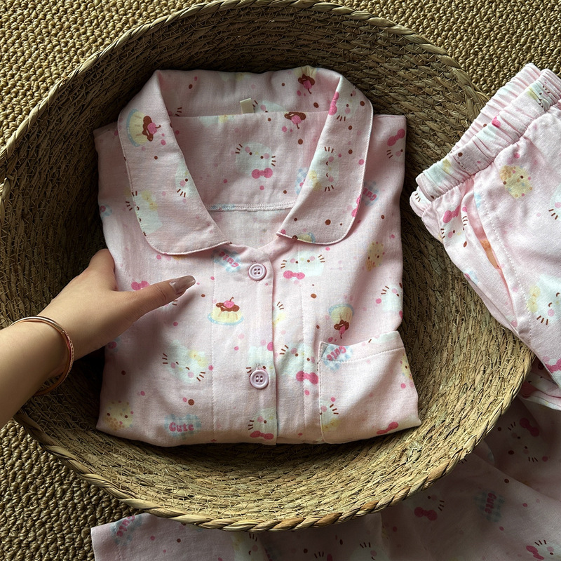 [Special Offer, No Returns or Exchanges] Cartoon Pure Cotton Double-Layer Gauze Doll Collar Loose-Fitting Loungewear Long-Sleeve Long-Pants Pajamas