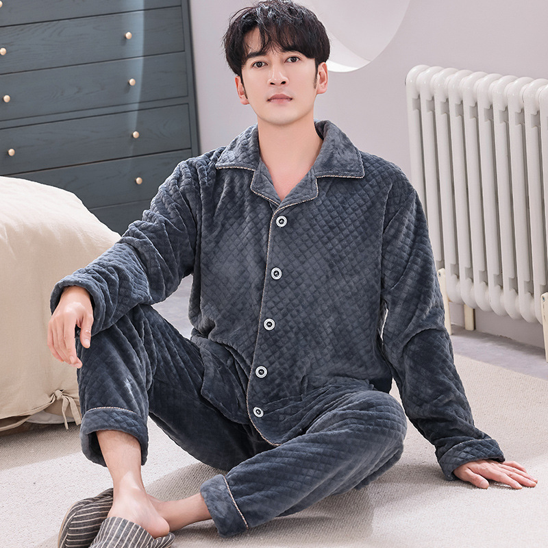 Pijamas de lana de coral coreana para hombres otoño y invierno engrosados franela se pueden usar cardigan de manga larga de invierno conjunto de ropa para el hogar