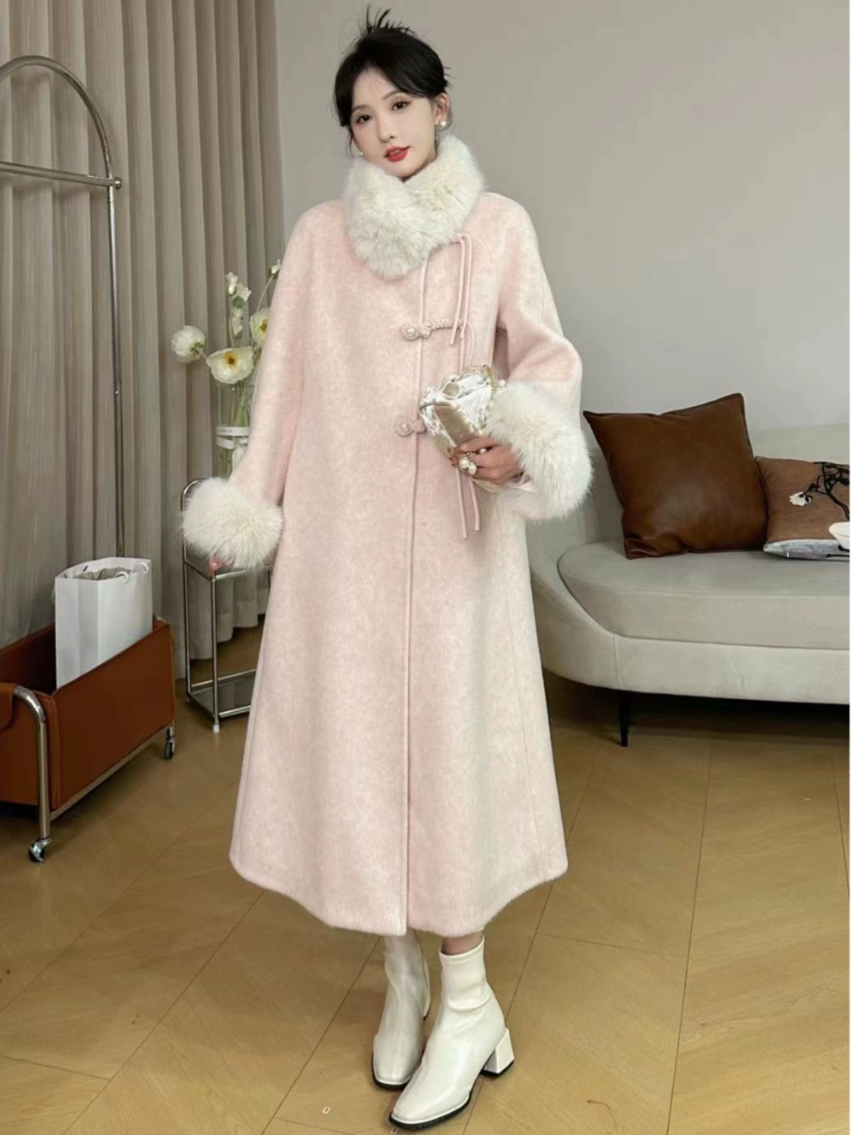 Velvet woolen coat with down, Chinese style, duck down, plus size, fitted