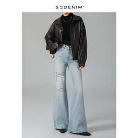 经典浅蓝色破洞高腰微喇叭牛仔裤女阔腿复古筒叭裤25早秋新款显瘦