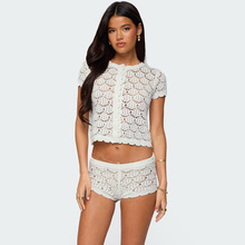 欧美跨境2026春夏女装时尚套装舒适休闲度假风镂空上衣短裤连衣裙