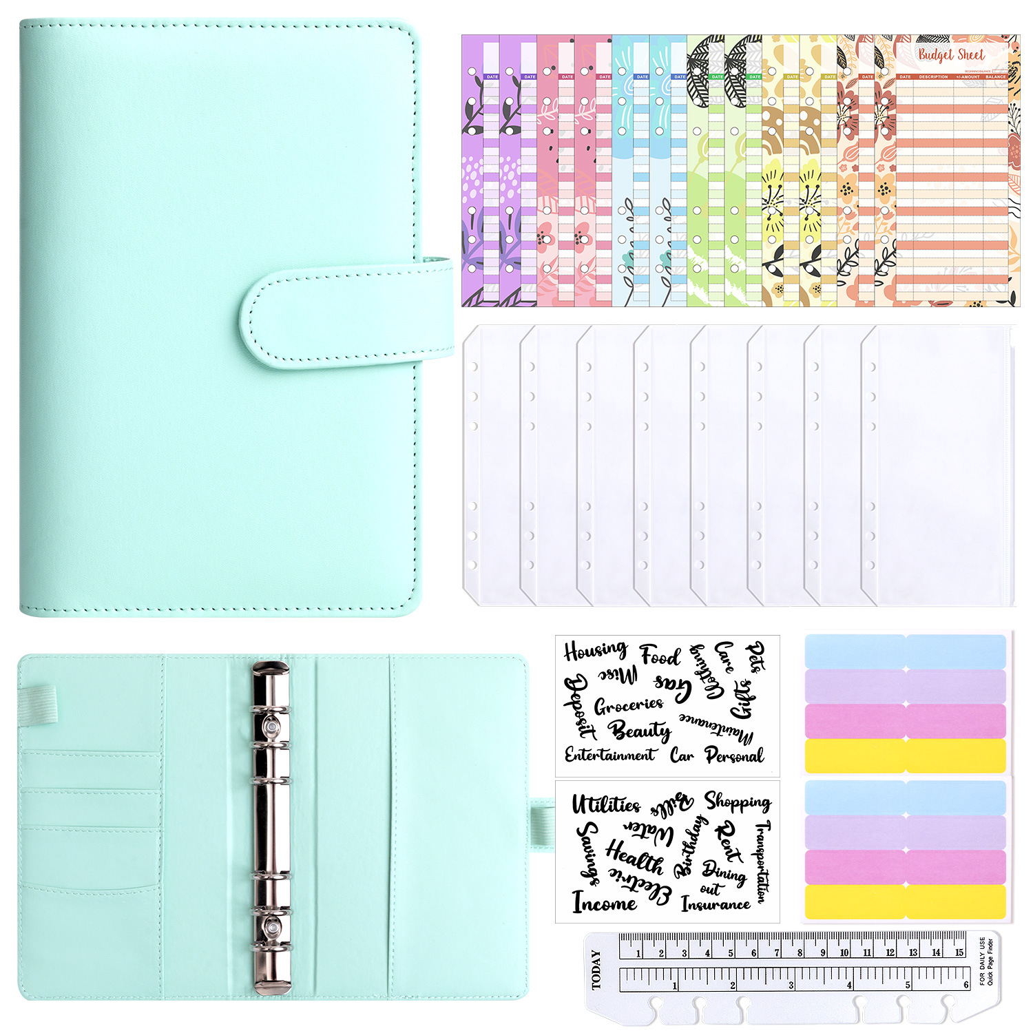 Presupuesto transfronterizo Cash Clip de hojas sueltas Bolsa con cremallera Sobres Libro de cuentas A6 Macarons PU Cuaderno de hojas sueltas de cuero
