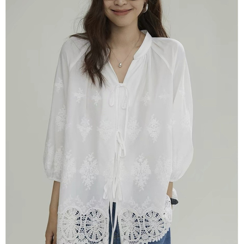 Joli Chose Heavy-Duty Embroidered Lace-Trimmed Cotton-Like White Shirt for Women, Summer High-End Niche Versatile Blouse