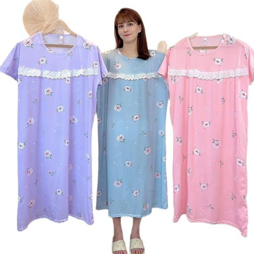 Nightgown loose women floral lace pocket sleep dress breathable cartoon print long dress high-end sleepwear