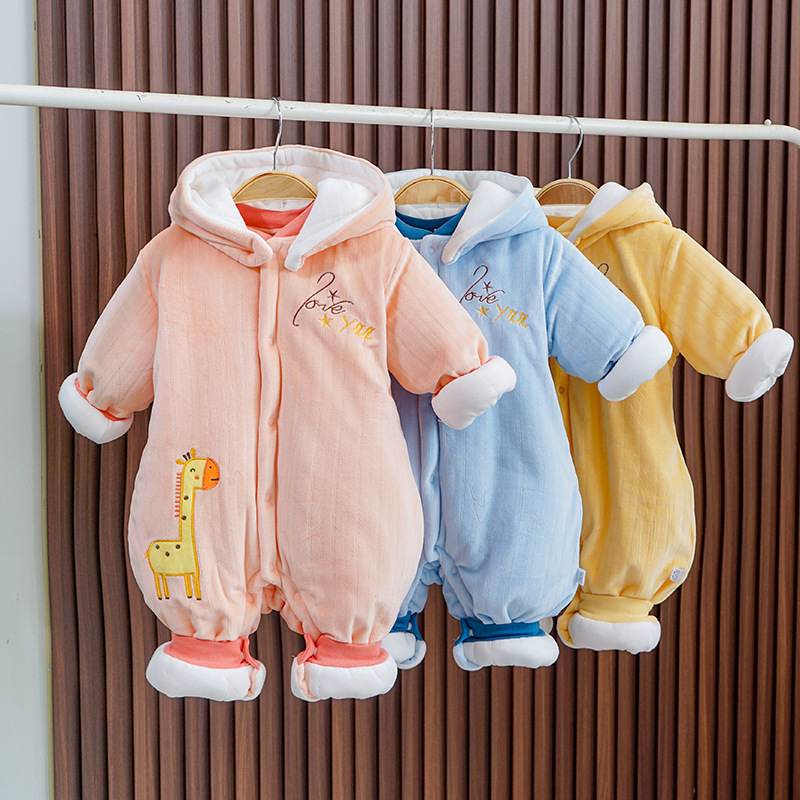 Baby thickened one-piece autumn and winter New Baby Cotton outwear coral fleece cute cartoon romper with hat