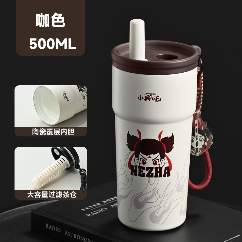 新セラミックコーティング内胆、高級感のある哪吒水筒、保温カップ、コーヒーカップ、携帯用ダブルストローカップ、シンプル|undefined