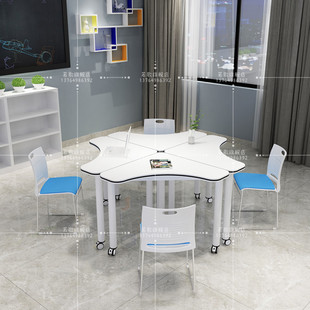 New Mobile Training Desks and Chairs Student Computer Desk Smart Classroom Discussion Table and Stools Special-Shaped Splicing Pentagonal Table 4