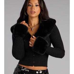 T 71271 V Neck Knit Cardigan Fur Collar ë�Iᘿ��_�� ��
