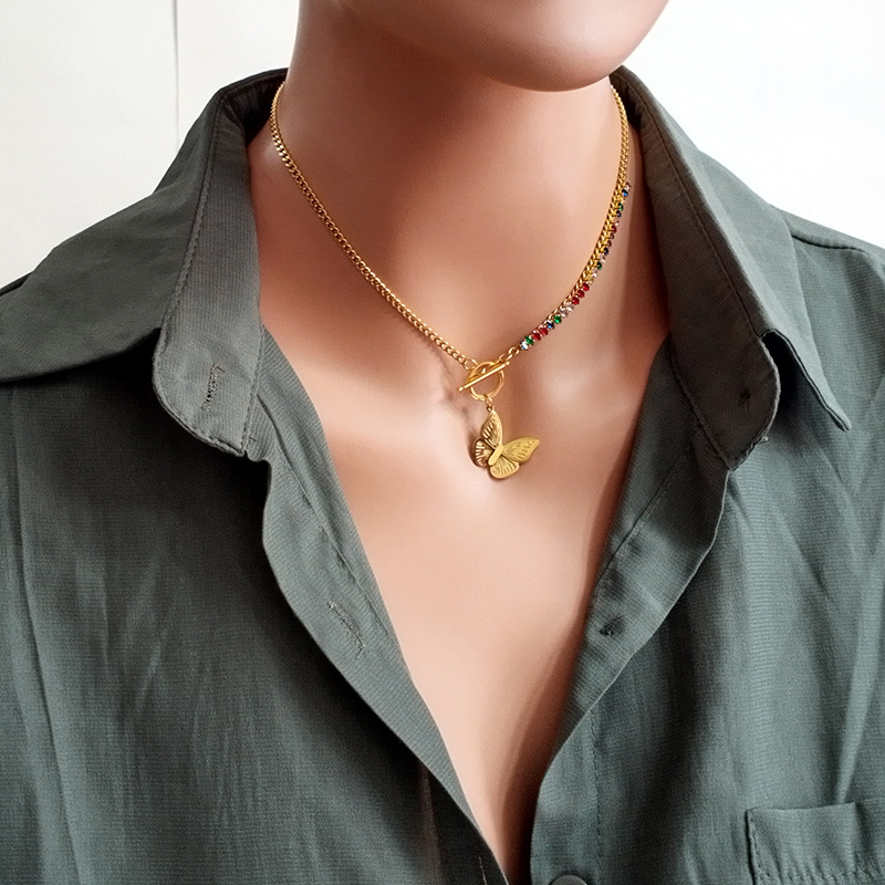 Fashion Butterfly Titanium Steel Inlay Zircon Pendant Necklace 1 Piece