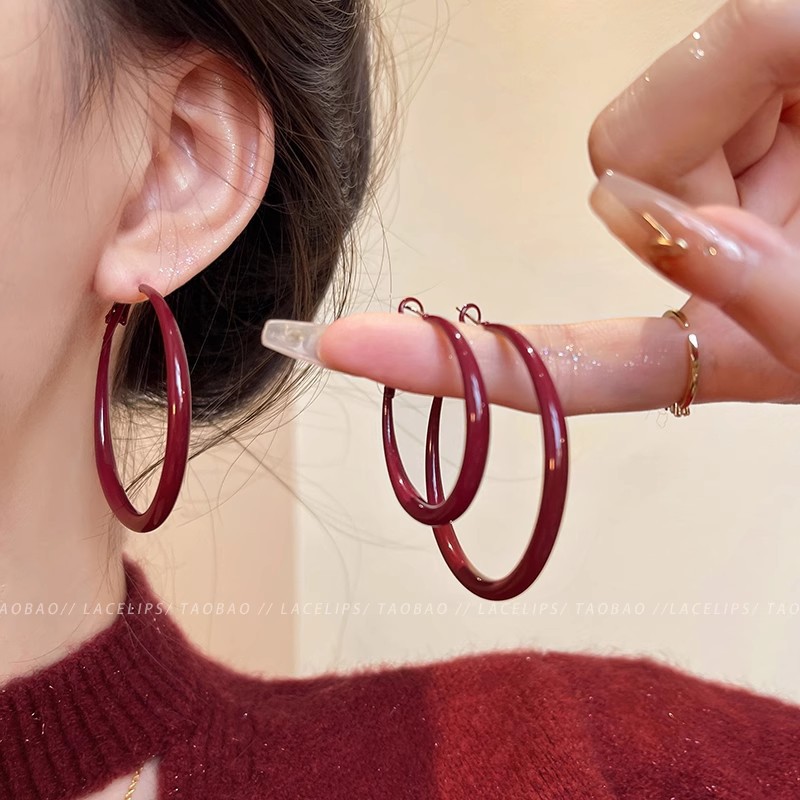 Ankora Red Circle Earrings Women's Large Circle Retro Hong Kong Style Earrings Simple Elegant High-end Ear Studs Earrings
