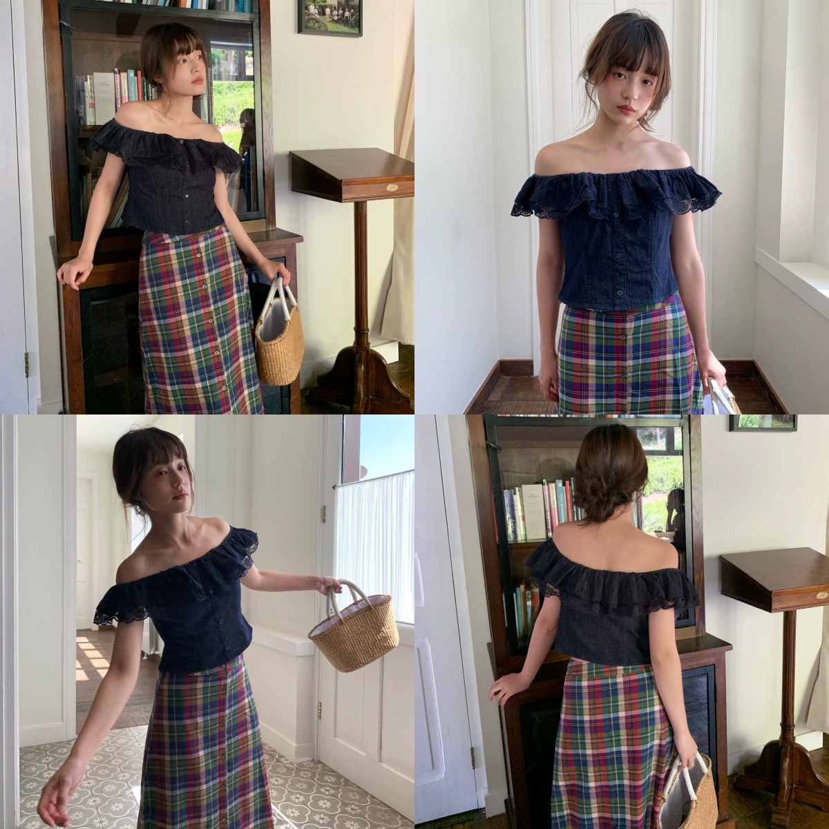 Interpretation of beauty NEWOPEN 25 summer French denim shirt with lace stitching backless one-shoulder top for women S5655