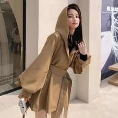 韩系chic连帽风衣外套女春秋新款小个子灯笼袖感休闲英伦风潮