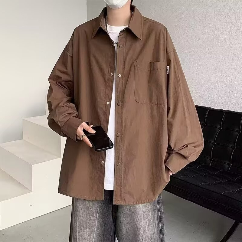 Long-sleeved shirt men's and women's spring and autumn loose solid color work shirt Japanese fashion brand casual art top clothes