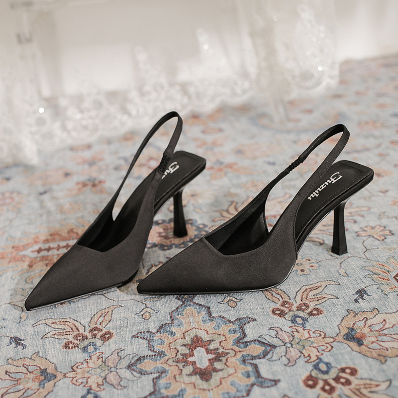 Pointed High Heels Women's Summer 2024 New Black Back Trip Belt Women's Shoes Professional Work Stiletto Sandals Royal Sister Style