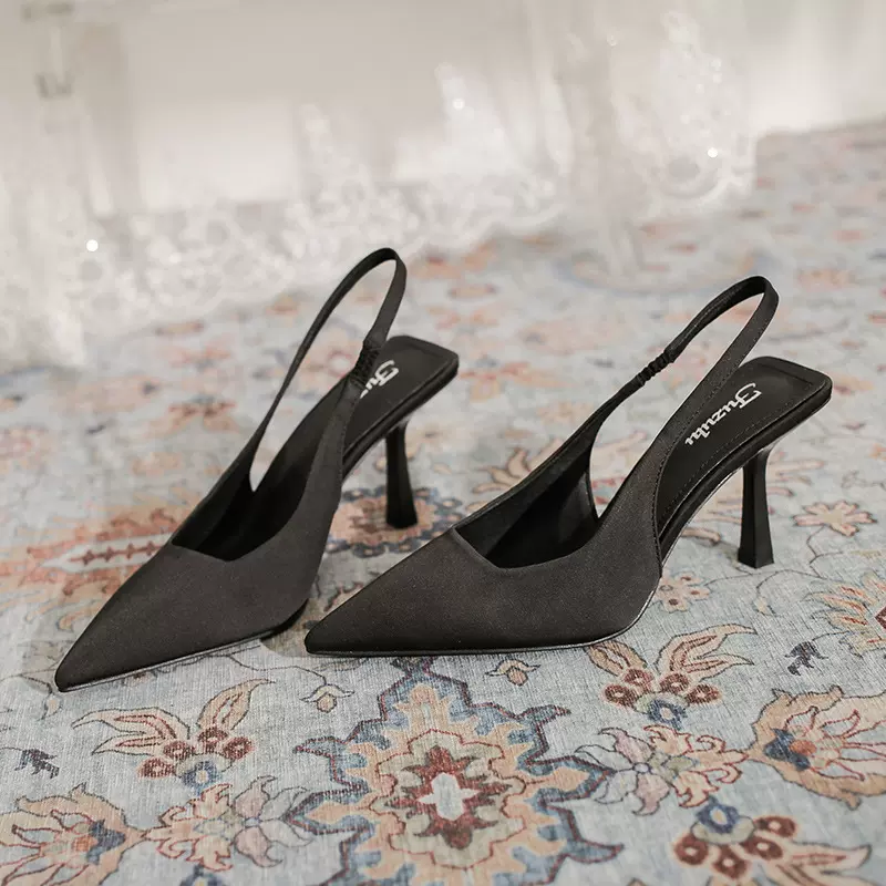 尖头高跟鞋女夏2024年新款黑色后绊带女鞋职业工作细跟凉鞋御姐风