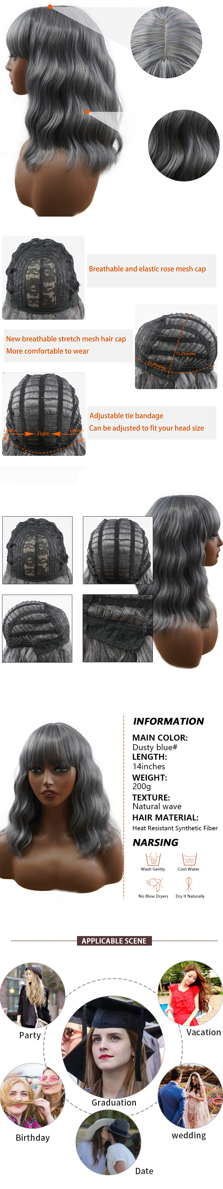 Synthetic wig for women's machine made neat bangs wavy short curly hair _voghion.com