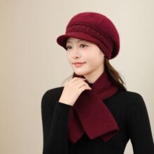 兔毛混纺针织帽女秋冬保暖护耳盆帽钉珠亮片鸭舌帽中老年妈妈款
