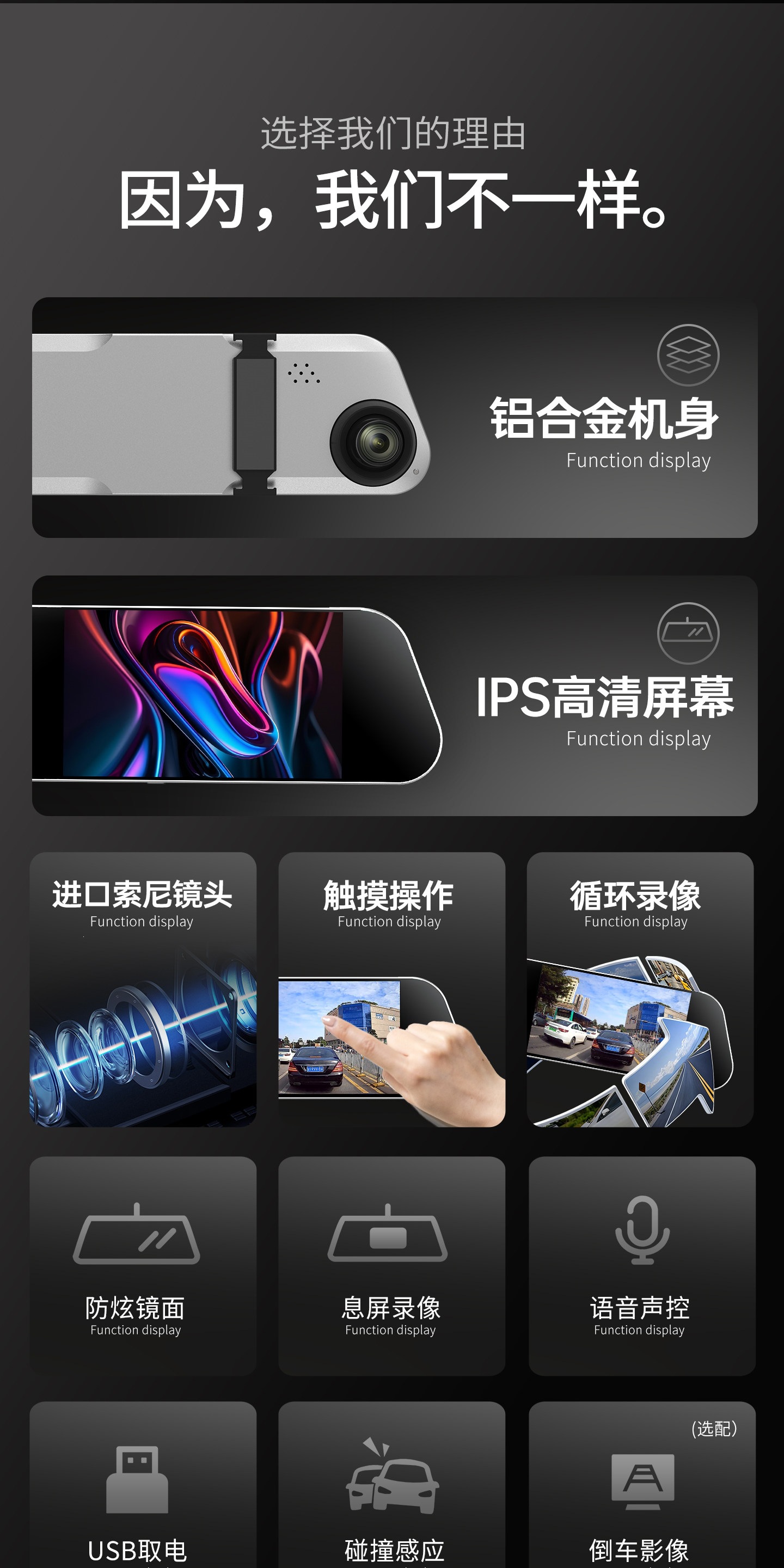Suitable for rearview mirror dashcam, ultra-clear 2026 new model, universal large screen, USB cable-free car dashcam
