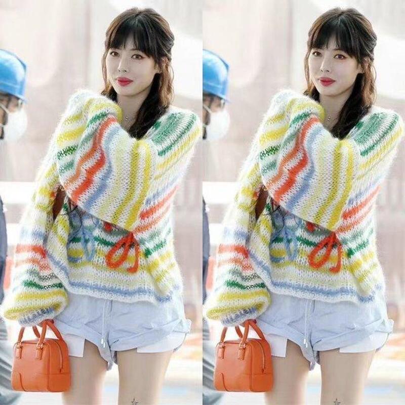 Women's Clothing 2025 Fall/Winter Internet Celebrity Style Rainbow Lazy Color-Block Three-Dimensional Striped Sweater Loose Pullover Knitwear Women's Clothing 2025 Fall/Winter Internet Celebrity Style Rainbow Lazy Color-Block Three-Dimensional Striped Sweater Loose Pullover Knitwear