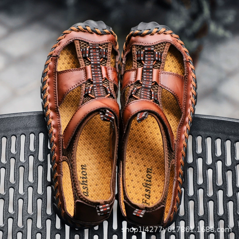 Трансграничная обувь большого кода летом новый чисто ручной работы сшитые мужские сандалии мужские полые нескользящие ботинки