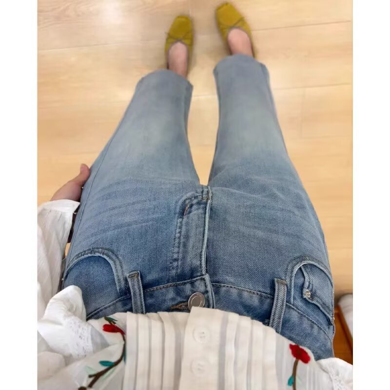 女性用ライトカラーレギンスストレートジーンズ、夏用薄手、小柄、細身、ワイドレッグパンツ、大きいサイズ、太mmストレッチシガレットパンツ|undefined