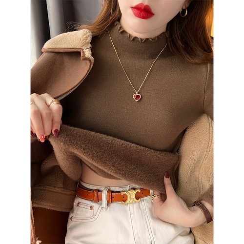Women's new one-piece fleece sweater 2024 half turtleneck fungus edge autumn and winter bottoming shirt with knitted pullover top trendy