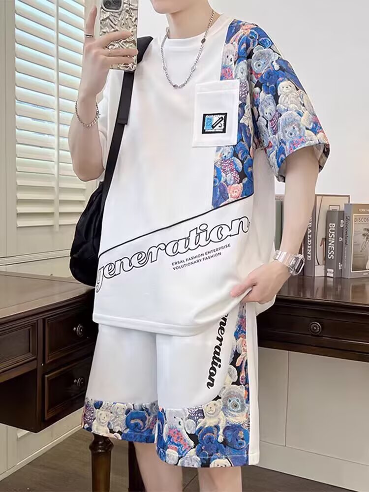 Men's Summer Waffle Patchwork T-Shirt And Shorts Set Short Sleeved Sporty Loose Two Piece Outfit_viptrois.com