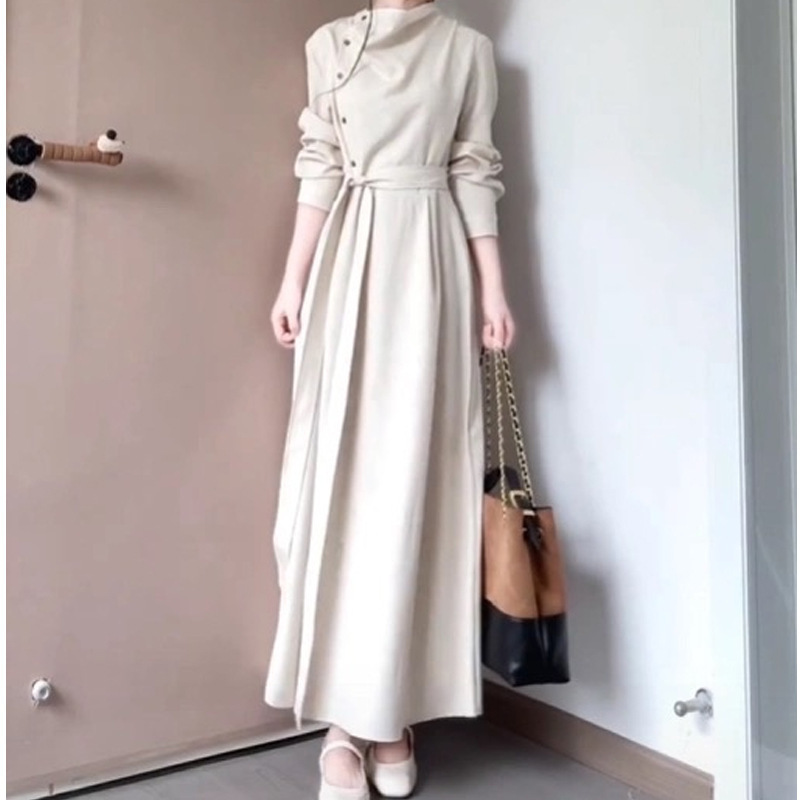 设计暮云归高级感长袖斜门襟连衣裙女秋知识分子风收腰裙 2025秋|undefined