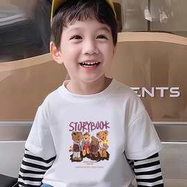 男童卡通动漫小熊印花长袖T恤秋冬小中大童装纯棉条纹打底衫上衣