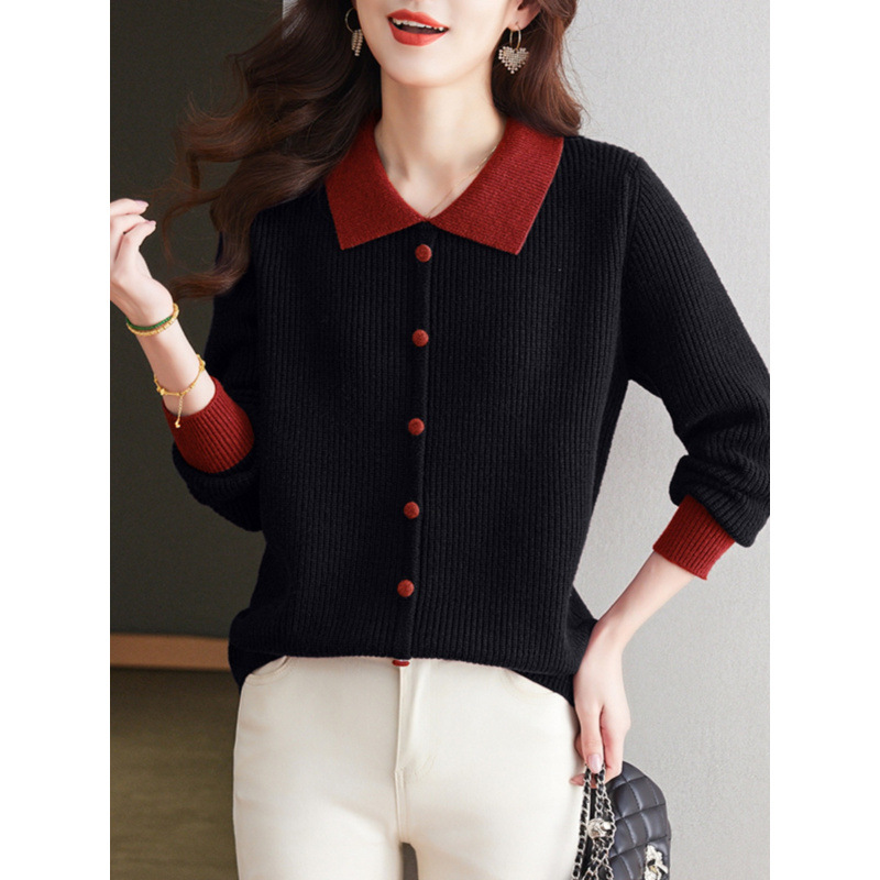 Suéter de solapa para mujeres 2025 otoño nuevo polo cuello exterior envejecimiento de madres color de punto camiseta de base superior image 4