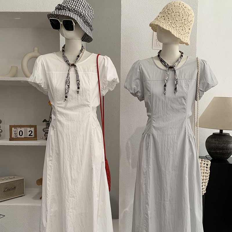 Omalai Round Neck Puff Short Sleeve Waist-Cinching Slimming Solid Color Mid-Length Dress with Silk Scarf and Tie for Women 7126