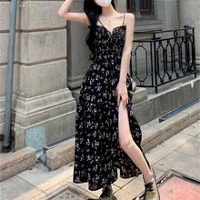 黑色碎花連衣裙女2023夏季新款吊帶裙法式氣質高級感長款開叉裙子
