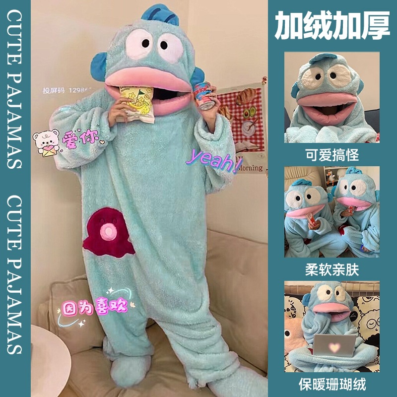 Ugly Fish One-Piece Pajamas for Women, Coral Velvet Thickeneded and Warm, Autumn and Winter Cartoon Funny Big-Mouthed Fish Pajamas, Home Clothes for Men
