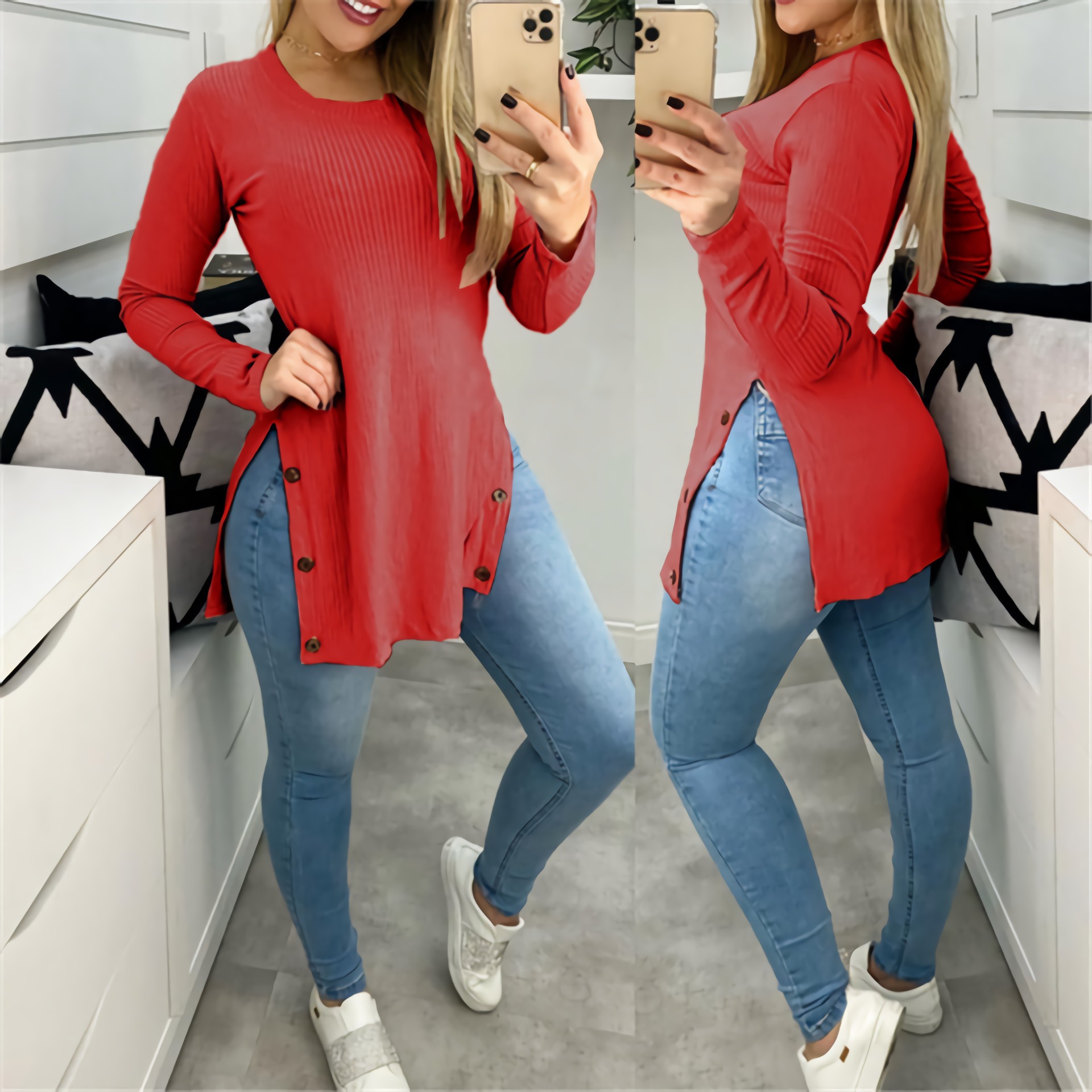 Pit Strip Solid Color Round Neck Slit Button Long-Sleeved T-Shirt NSLZ82898