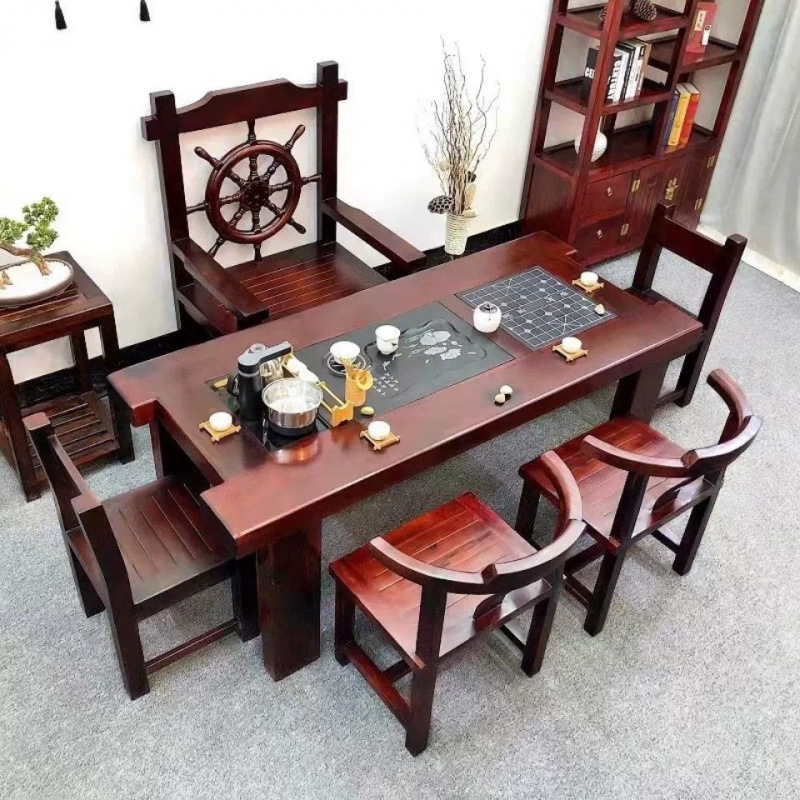 Mesa de té de madera de barco viejo, mesa y silla combinada de kung fu, mesa de té de sala de estar de madera maciza doméstica de estilo chino, conjunto de mesa de té de oficina integral