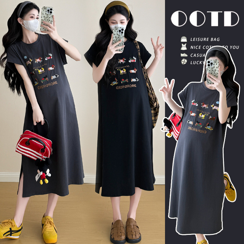 2025 Summer New Korean Style Versatile Design Embroidered Puppy Slim Maternity Dress