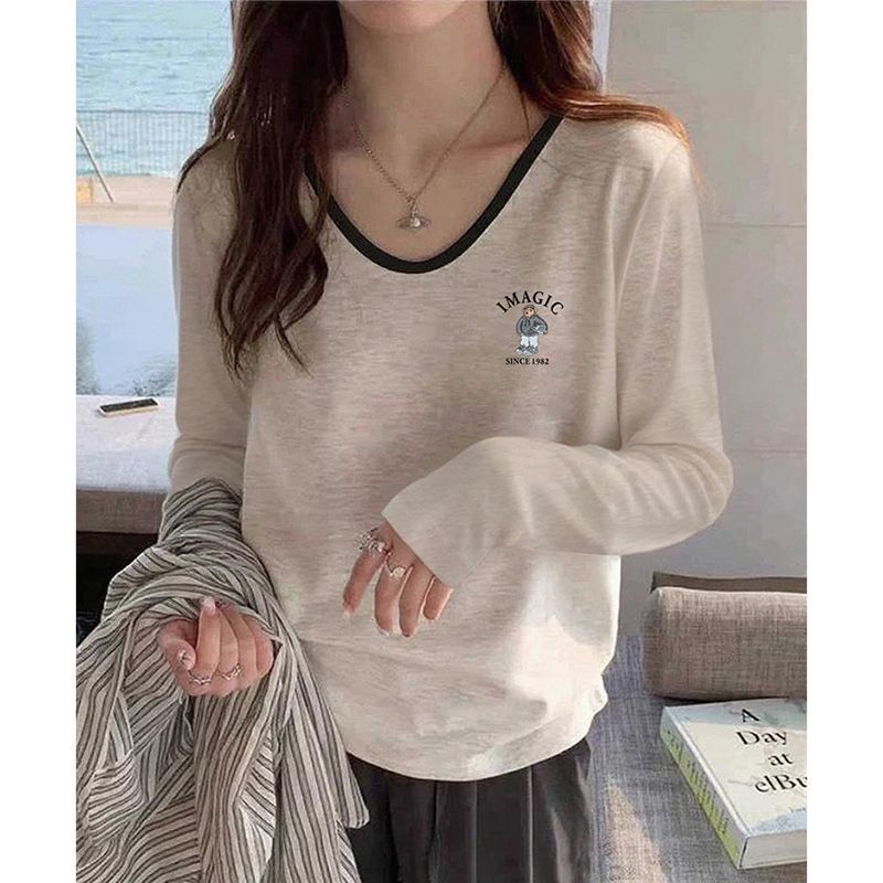 Women's Pure Cotton Color-Blocked V-Neck Long-Sleeve T-Shirt, Fashionable and Versatile Light Floral Gray Top for Spring, Autumn, and Winter Women's Pure Cotton Color-Blocked V-Neck Long-Sleeve T-Shirt, Fashionable and Versatile Light Floral Gray Top for Spring, Autumn, and Winter