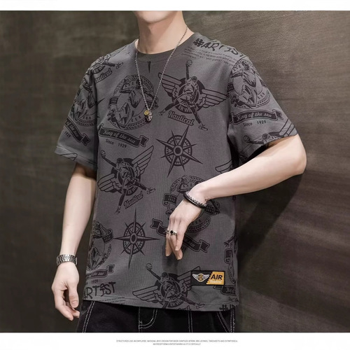 High-end summer loose short-sleeve half-sleeve Korean-style new street men's fashion cross-border graffiti t-shirt trendy