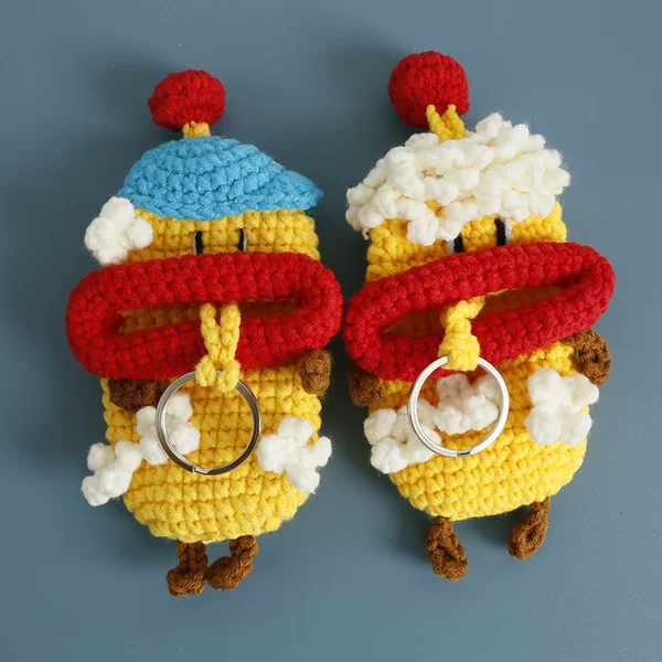 New Hand-Knitted Sausage Mouth Key Bag Wool Crocheted Popcorn Anime Car Key Protective Cover Finished Product