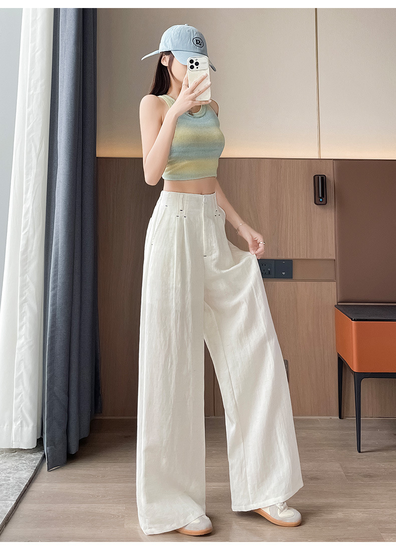 Quần ống rộng vải lụa băng đa năng nữ, phong cách sang trọng mỏng nhẹ mùa hè, quần ống đứng vải lanh Tencel — Màu xanh hải quân (kiểu thông thường) chi tiết 37
