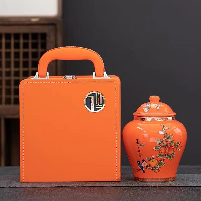 高档柿子陶瓷罐礼盒整套 茶叶罐包装盒红茶白毫银针通用瓷罐包装