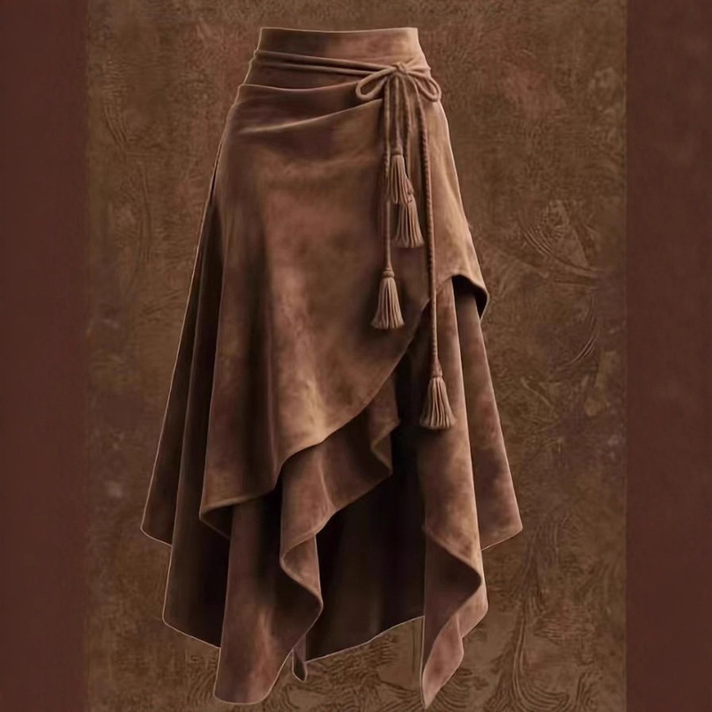 2026 Maillard Brown Suede Skirt for Women, Autumn Irregular Tie Slimming A-Line Mid-Length Flared Skirt