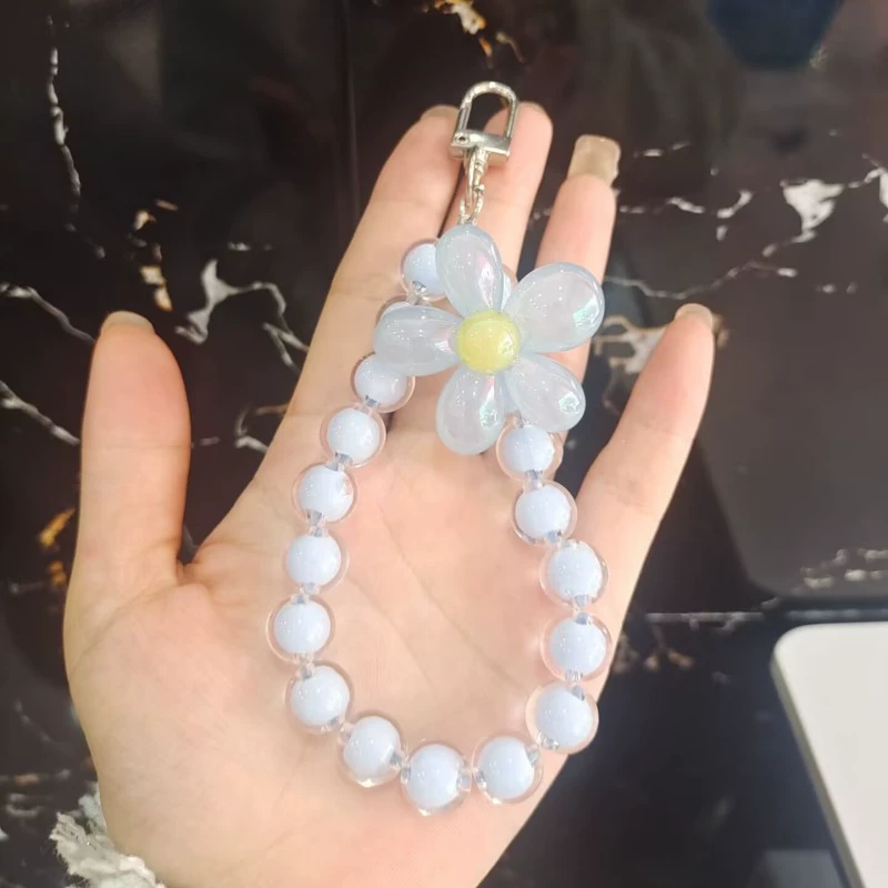 Mobile phone, strap, fresh round beads, acrylic pendant, flowered