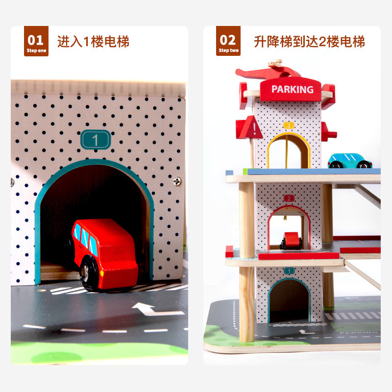 Aparcamiento de simulación de casa de juegos de madera para niños, gran automóvil ensamblado de tres pisos, riel deslizante, juguete de elevación de avión