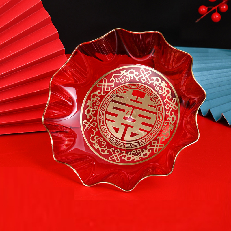 結婚用品新款花盤喜宴果子盤糖盤塑料水果盤婚禮婚慶乾果金邊果盤