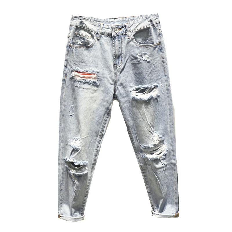New Japanese Loose Brushed Brushed Hole Beggar Pants Men's Tide Brand Light-colored Washed Nine-point Jeans Men